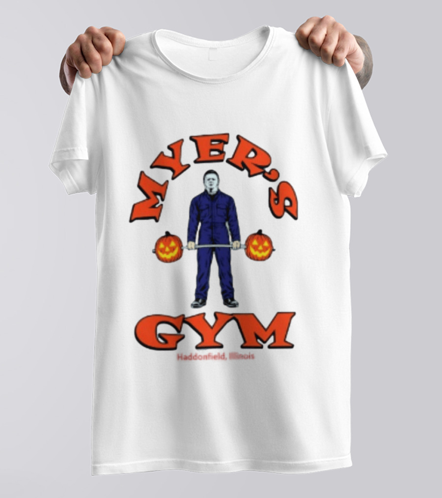 Myers's Gym Haddonfield Illinois Michael Myers Jack O' Lantern Weightlifting Halloween T-Shirt