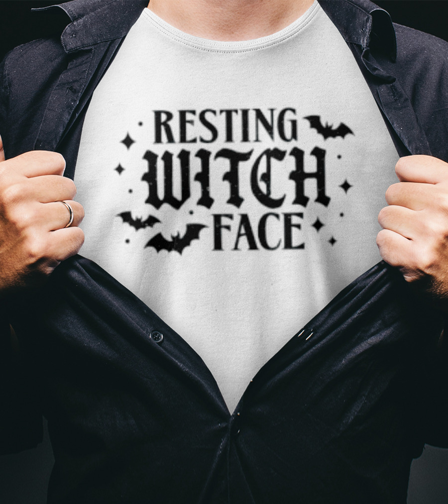 Resting Witch Face Halloween Bats And Stars Spooky T-Shirt