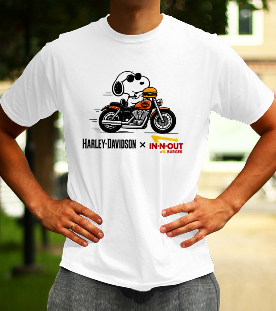 Snoopy Riding Harley Davidson With In N Out Burger Collaboration T-Shirt