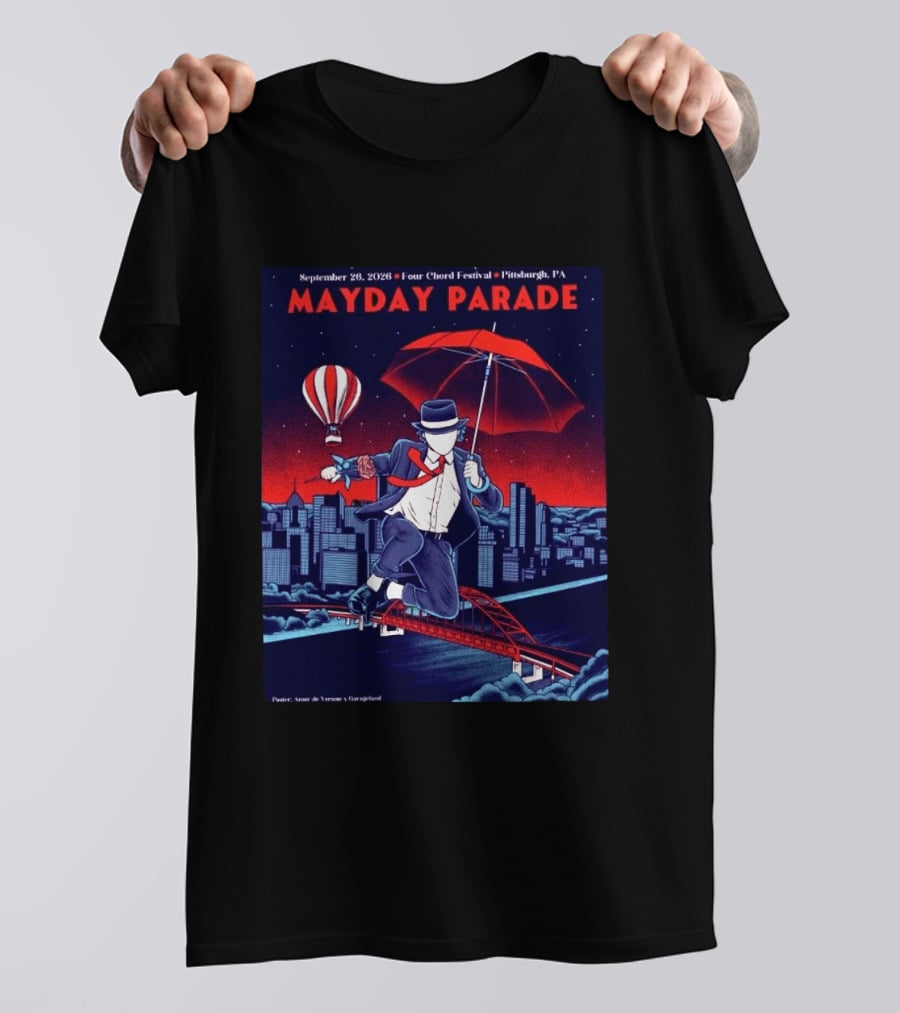 Mayday Parade September 26 2026 Four Chord Festival Pittsburgh PA Hot Air Balloon Umbrella Cityscape T-Shirt