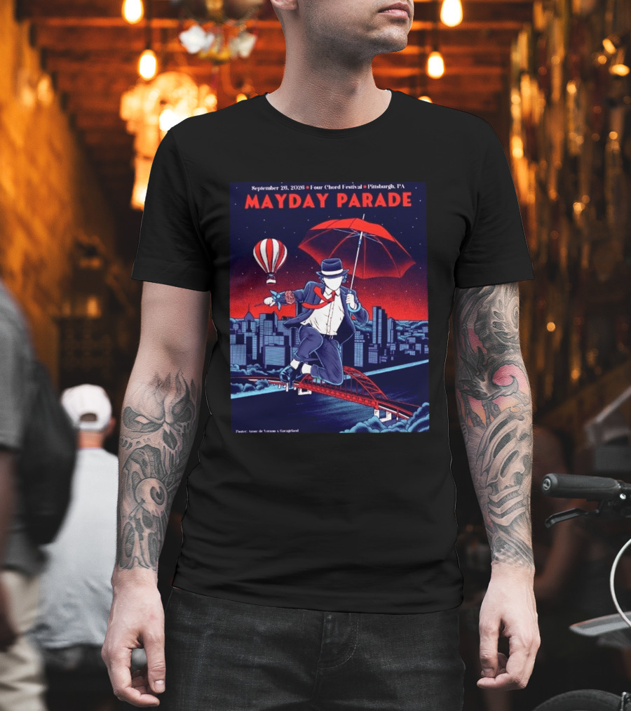 Mayday Parade September 26 2026 Four Chord Festival Pittsburgh PA Hot Air Balloon Umbrella Cityscape T-Shirt