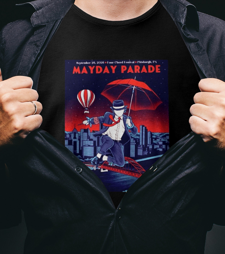 Mayday Parade September 26 2026 Four Chord Festival Pittsburgh PA Hot Air Balloon Umbrella Cityscape T-Shirt