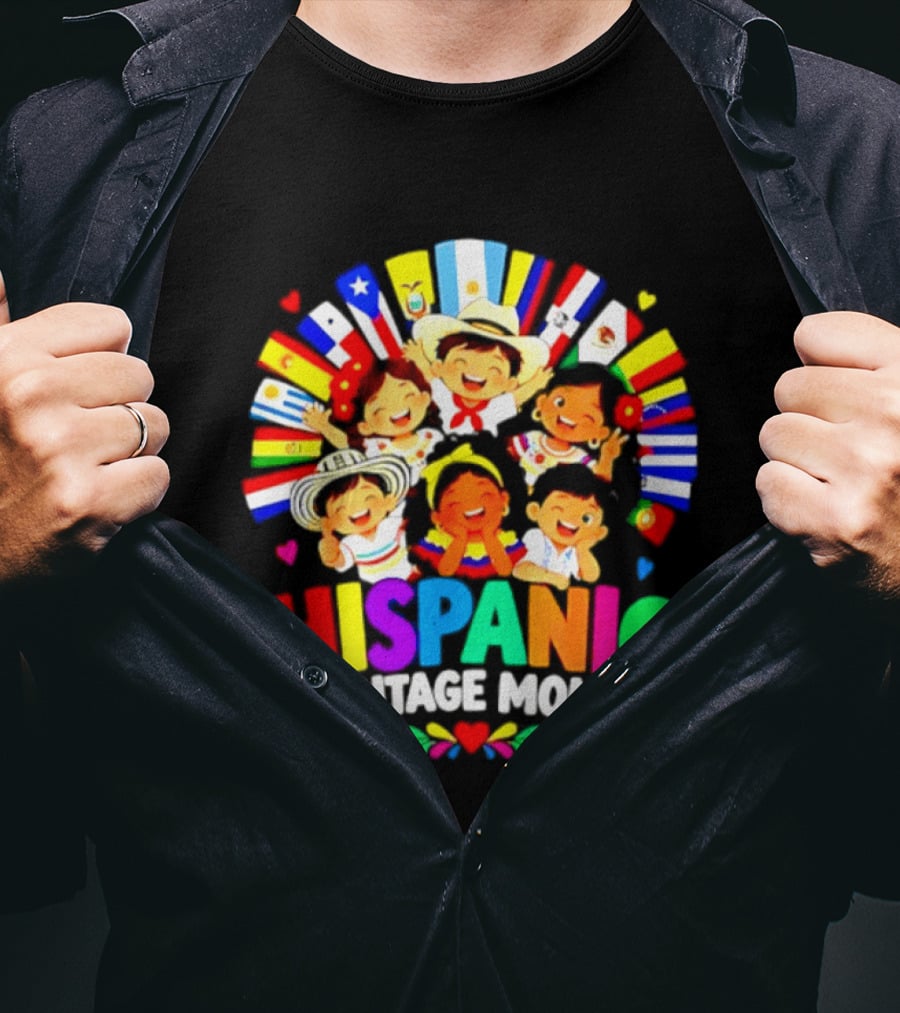Hispanic Heritage Month Celebration With Latino Countries Flags And Happy Children T-Shirt