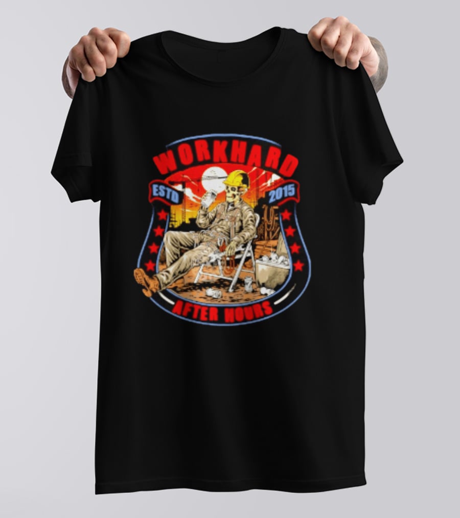 Work Hard After Hours Estd 2015 Skeleton Construction Worker Relaxing Moonlight Scene T-Shirt