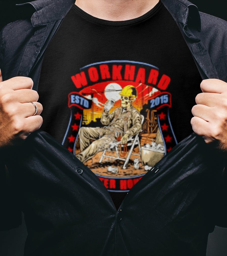 Work Hard After Hours Estd 2015 Skeleton Construction Worker Relaxing Moonlight Scene T-Shirt