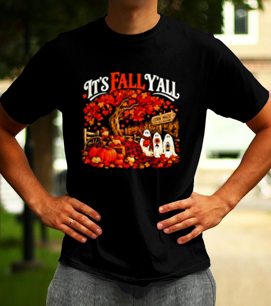 It's Fall Y'all Corn Maze Pumpkins Scarecrow Ghosts Halloween Tree T-Shirt