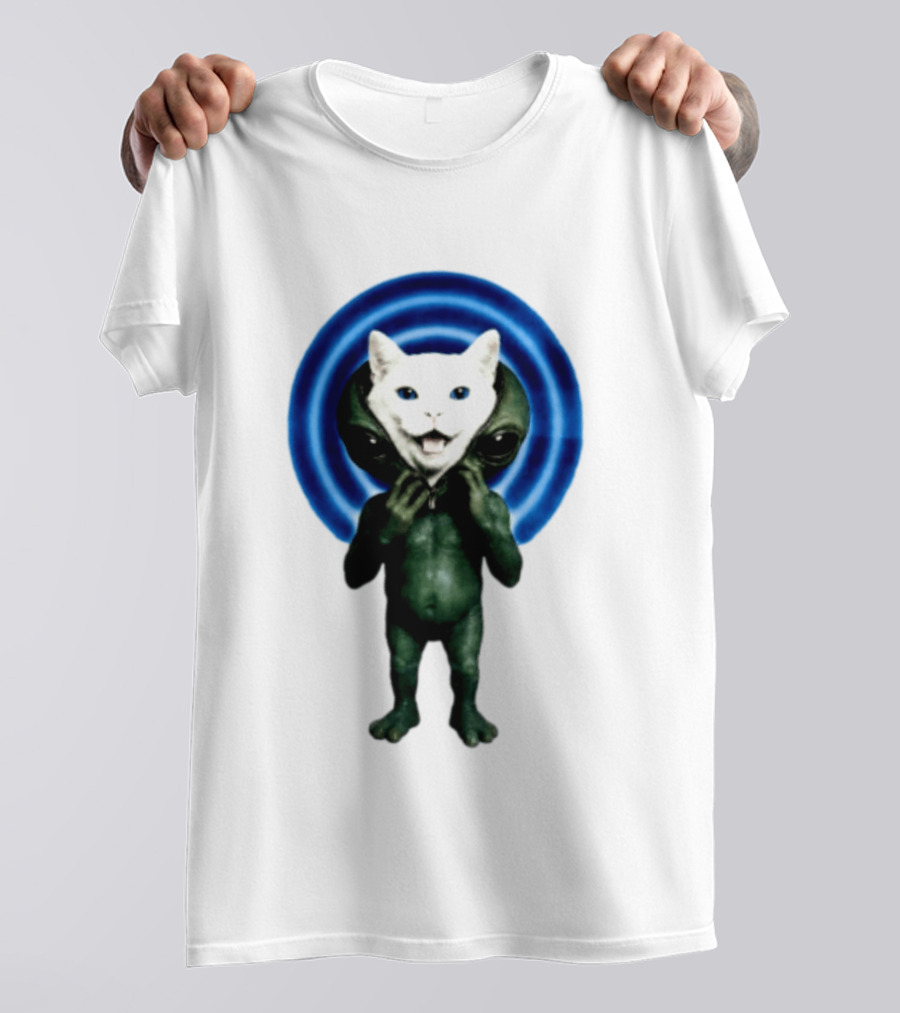 Cat Unzipping Alien Costume Sci Fi Whimsical Blue Ripple Effect T-Shirt