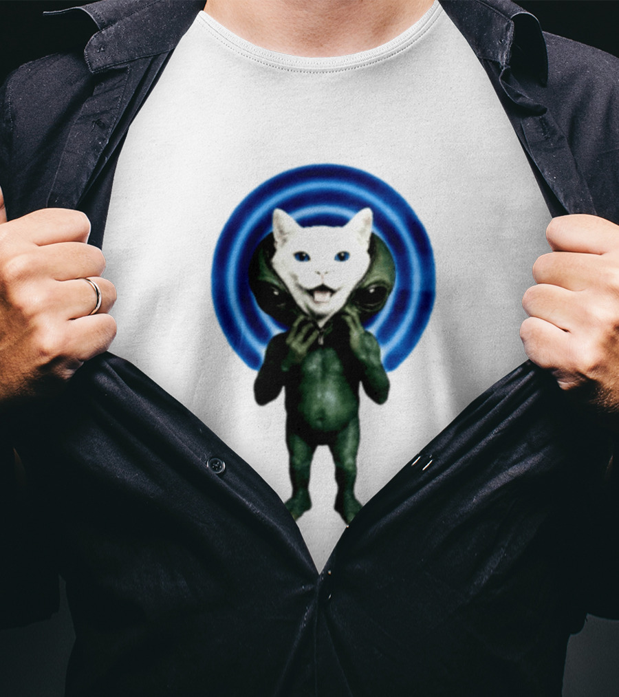 Cat Unzipping Alien Costume Sci Fi Whimsical Blue Ripple Effect T-Shirt