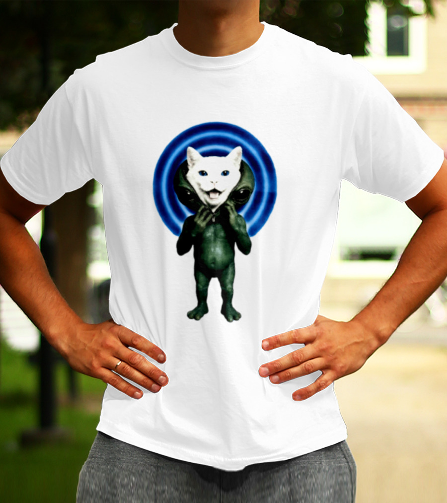 Cat Unzipping Alien Costume Sci Fi Whimsical Blue Ripple Effect T-Shirt