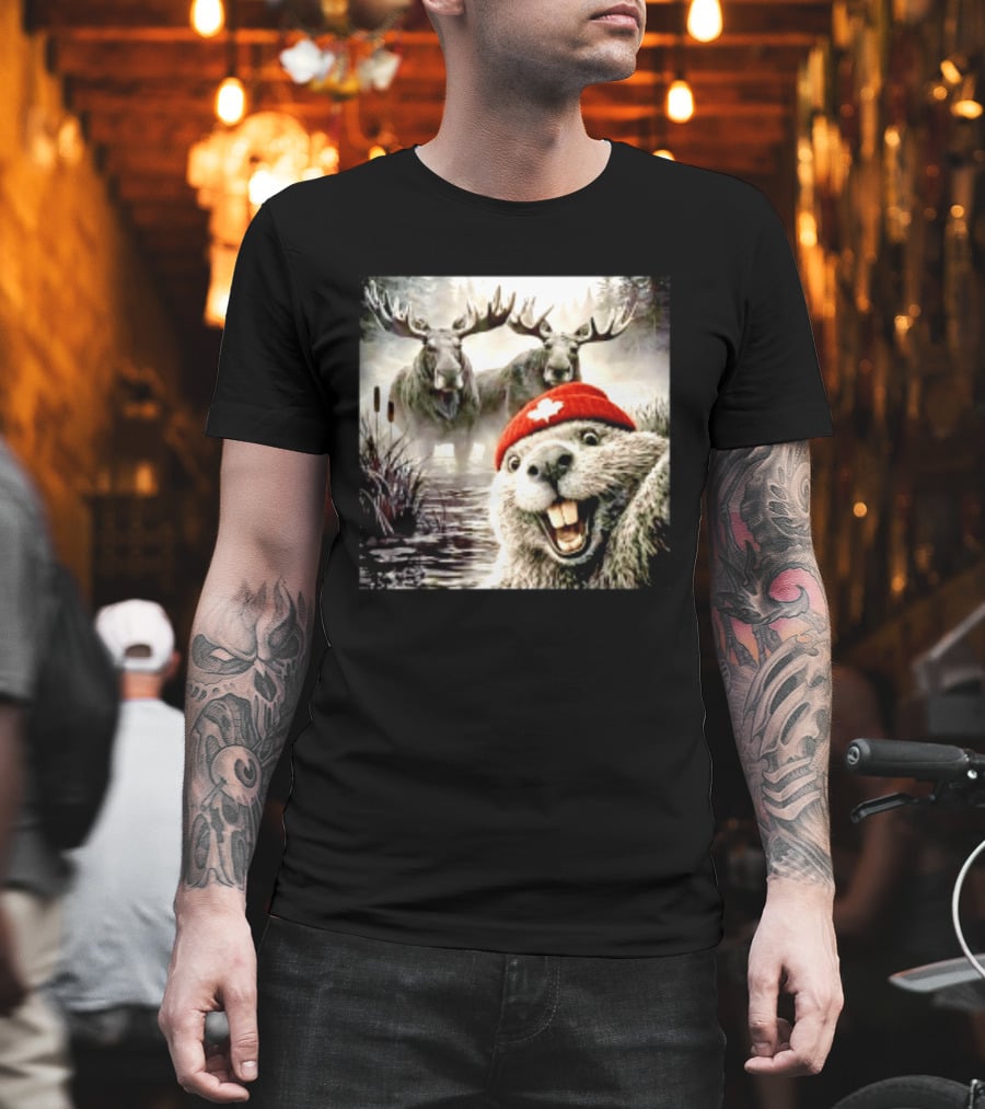 Beaver With Maple Leaf Beanie And Moose Forest Scene T-Shirt