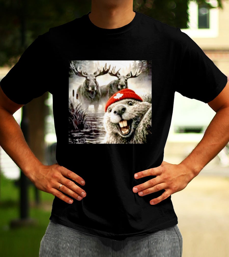 Beaver With Maple Leaf Beanie And Moose Forest Scene T-Shirt
