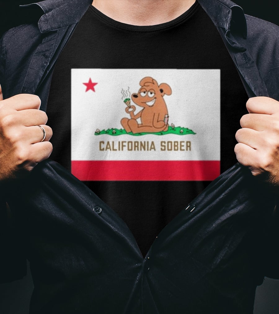 California Sober Bear With Joint And Drink State Flag T-Shirt