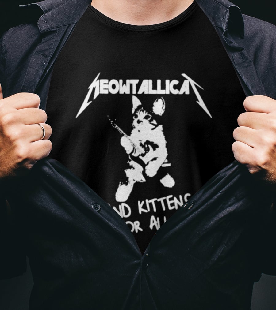 Meowtallica And Kittens For All Funny Cat Parody Cats Metal Music T-Shirt