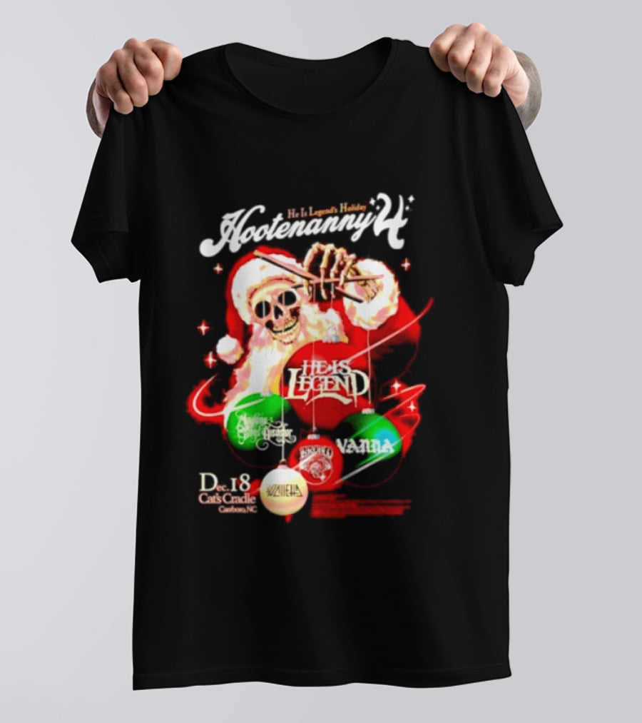 Holiday Hootenanny He Is Legend Skeleton Santa Cat's Cradle Carrboro NC Christmas T-Shirt