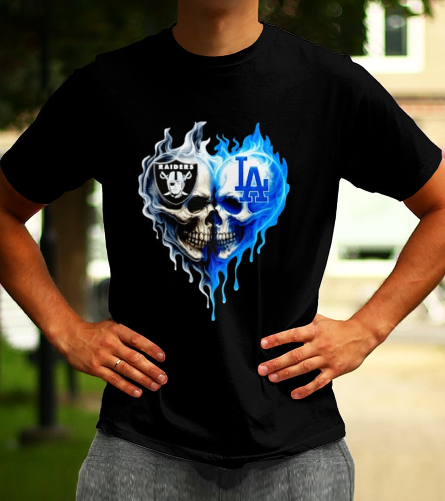 Las Vegas Raiders Los Angeles Dodgers Skulls Heart Blue Flames T-Shirt