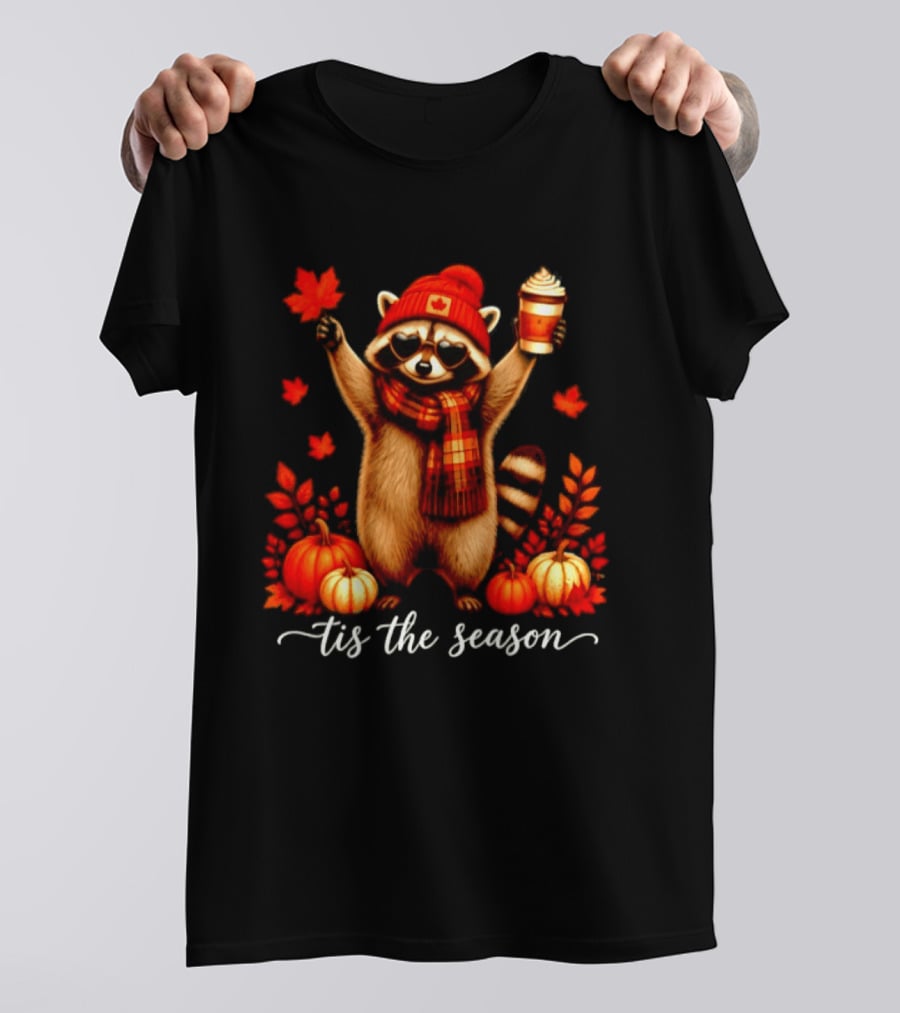 Raccoon In Scarf With Heart Sunglasses Autumn Leaves Pumpkins Tis The Season T-Shirt