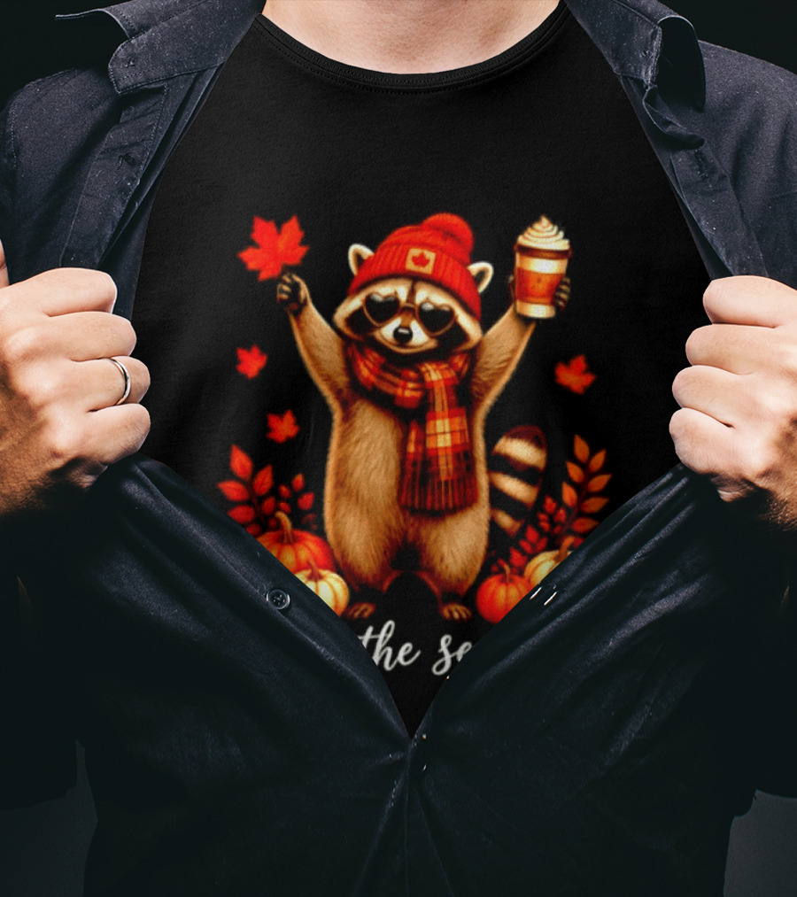 Raccoon In Scarf With Heart Sunglasses Autumn Leaves Pumpkins Tis The Season T-Shirt