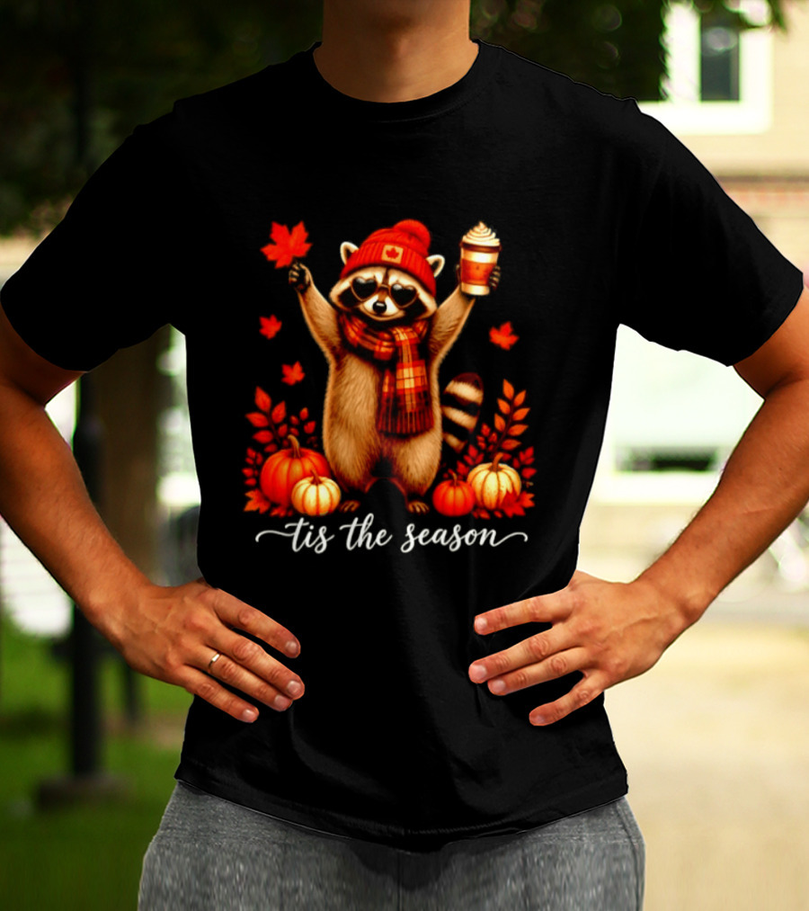 Raccoon In Scarf With Heart Sunglasses Autumn Leaves Pumpkins Tis The Season T-Shirt