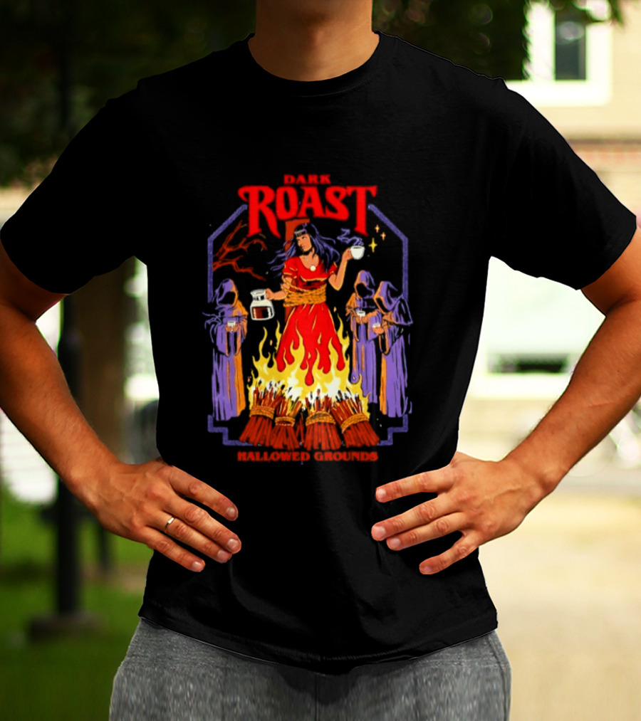 Dark Roast Hallowed Grounds Coffee Witch Brewing Flames And Rituals T-Shirt