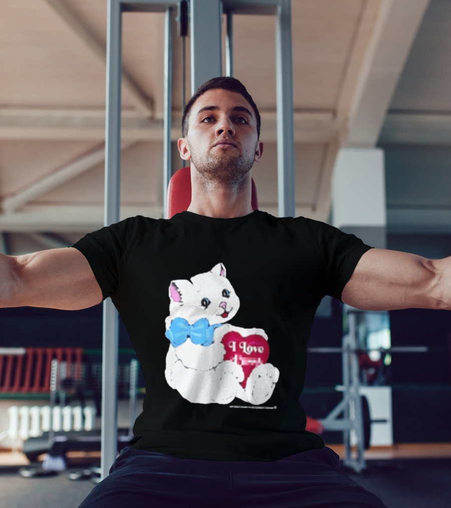I Love Pussy Cats Heart Blue Bow Adorable White Kitten T-Shirt