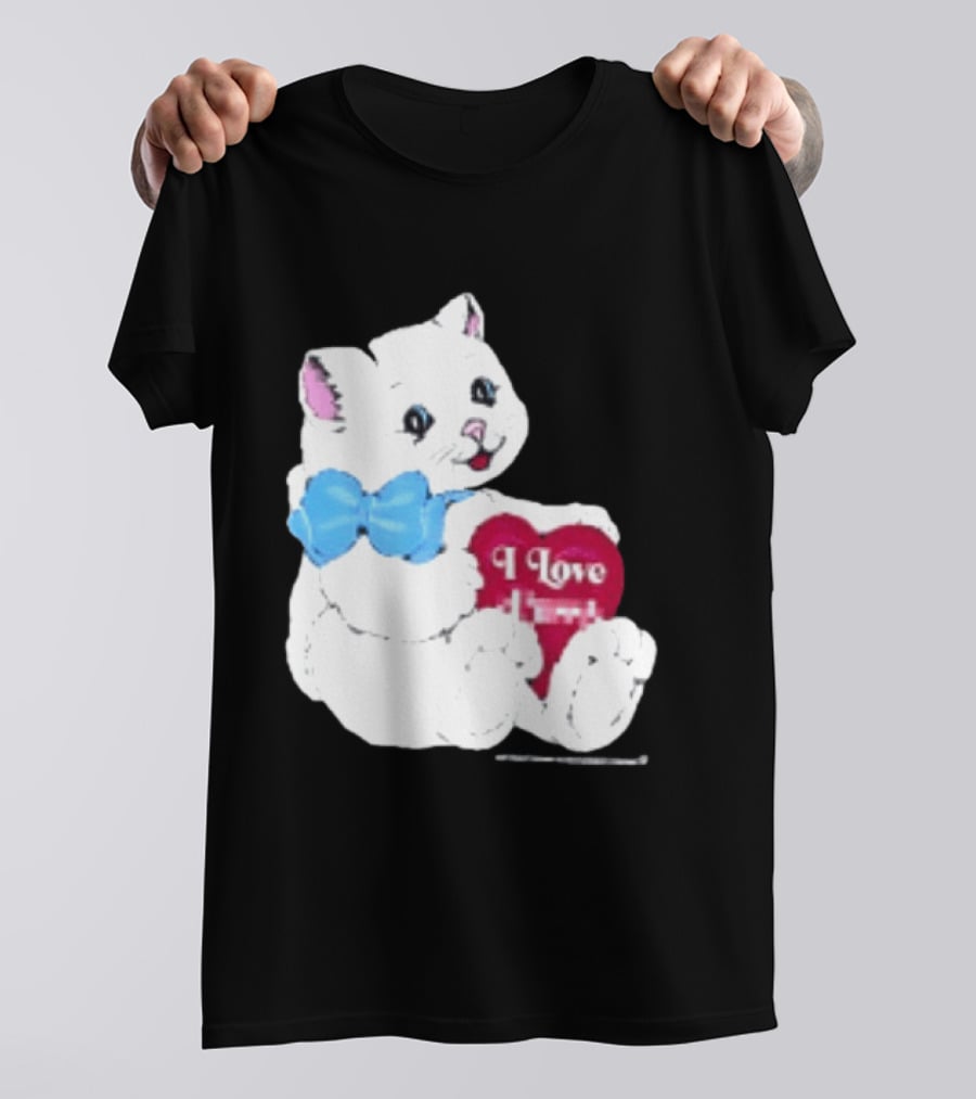 I Love Pussy Cats Heart Blue Bow Adorable White Kitten T-Shirt