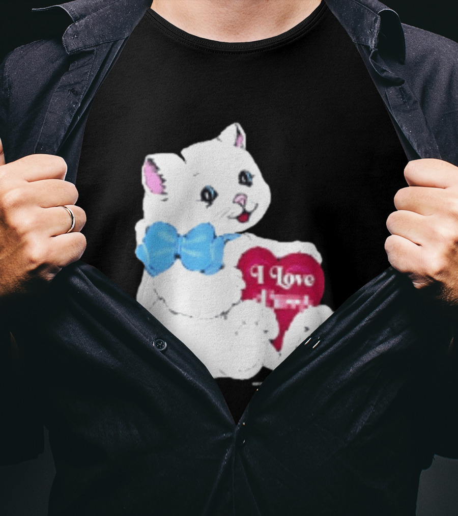 I Love Pussy Cats Heart Blue Bow Adorable White Kitten T-Shirt