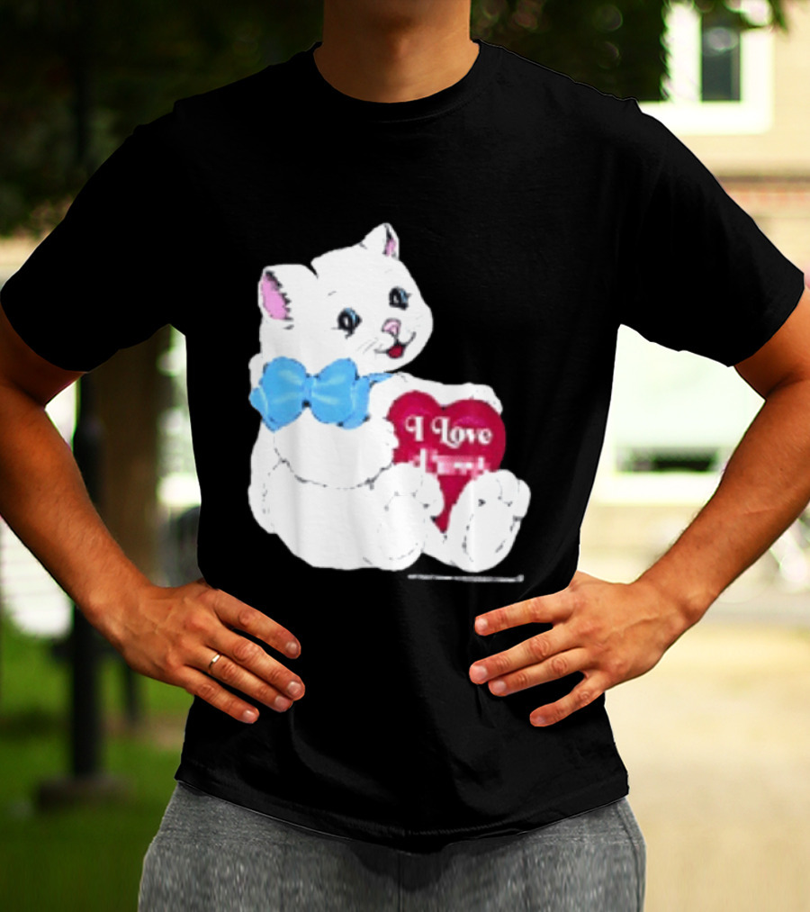 I Love Pussy Cats Heart Blue Bow Adorable White Kitten T-Shirt