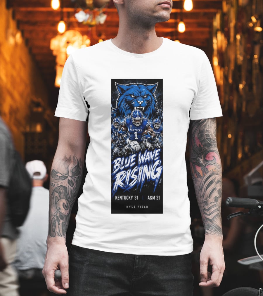NCAA Kentucky Wildcats Blue Wave Rising 31 To 21 Victory At Texas AM Kyle Field T-Shirt