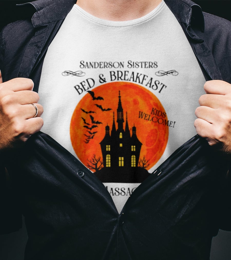 Sanderson Sisters Bed And Breakfast Kids Welcome Salem Massachusetts Halloween Bats Haunted House T-Shirt