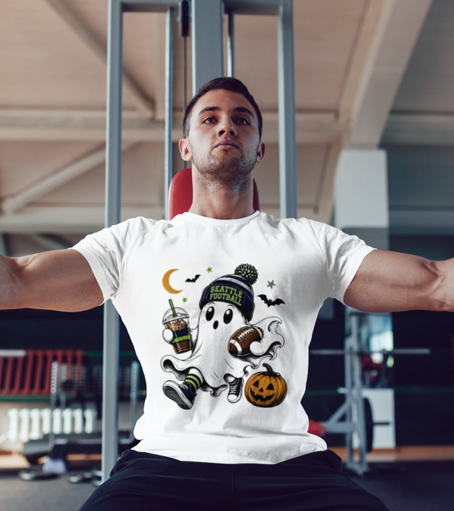 Seattle Football Halloween Ghost With Pumpkin Coffee And Moon T-Shirt