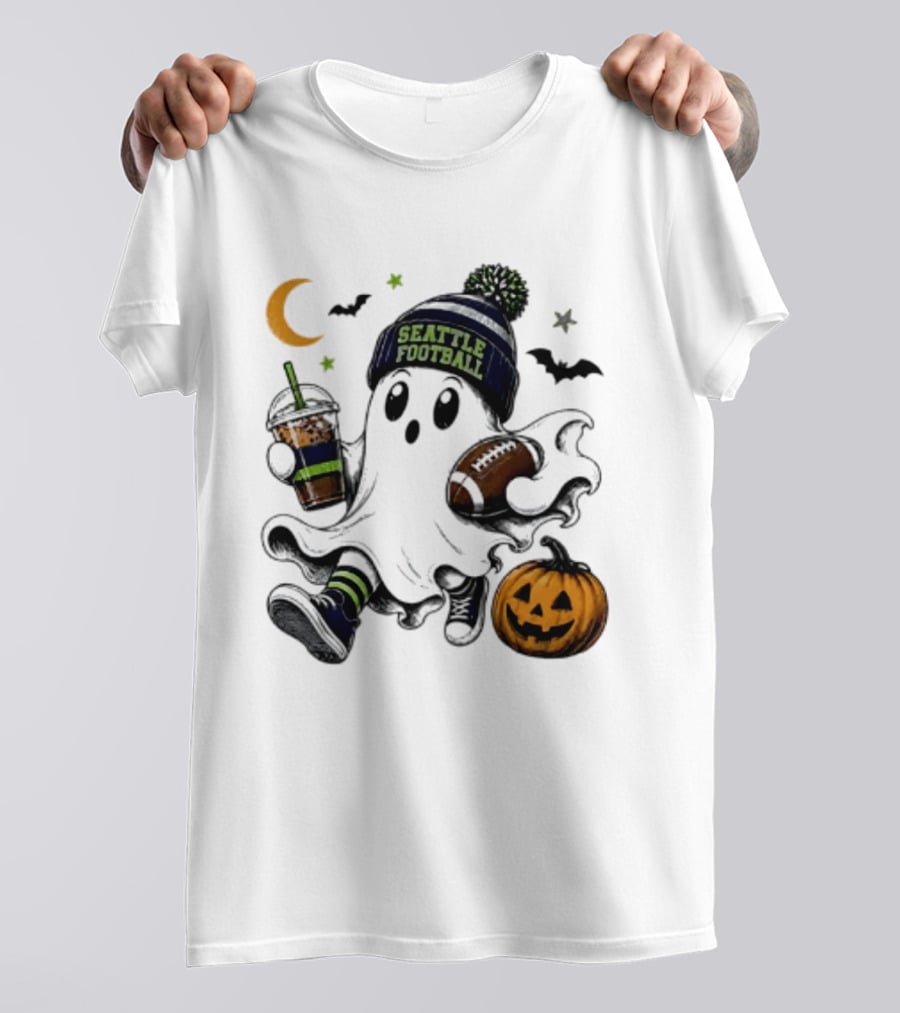 Seattle Football Halloween Ghost With Pumpkin Coffee And Moon T-Shirt