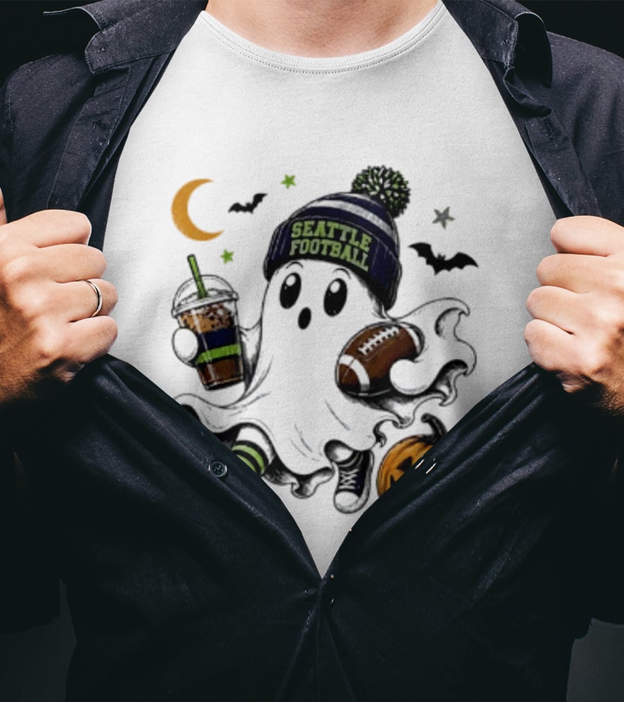 Seattle Football Halloween Ghost With Pumpkin Coffee And Moon T-Shirt