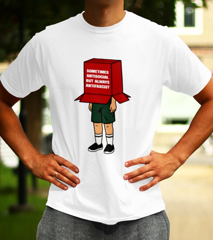 Sometimes Antisocial But Always Antifascist Box Head Cartoon T-Shirt