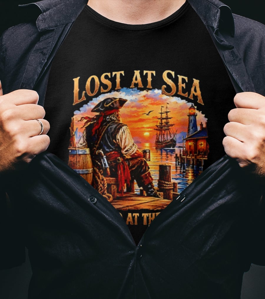 Lost At Sea Found At The Bar Pirate Sunset Sarcastic Humor T-Shirt