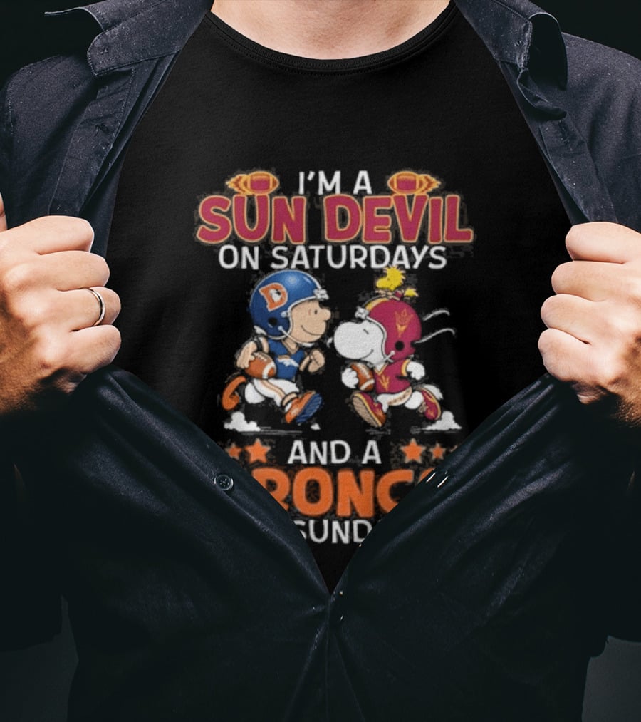 Charlie Brown Snoopy Sun Devil Saturdays Broncos Sundays Football Fan Duo T-Shirt