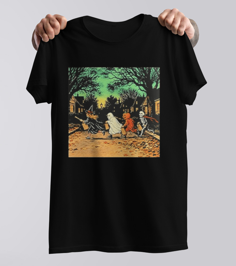 Trick Or Treat Witch Ghost Pumpkin Skeleton Halloween Scene T-Shirt