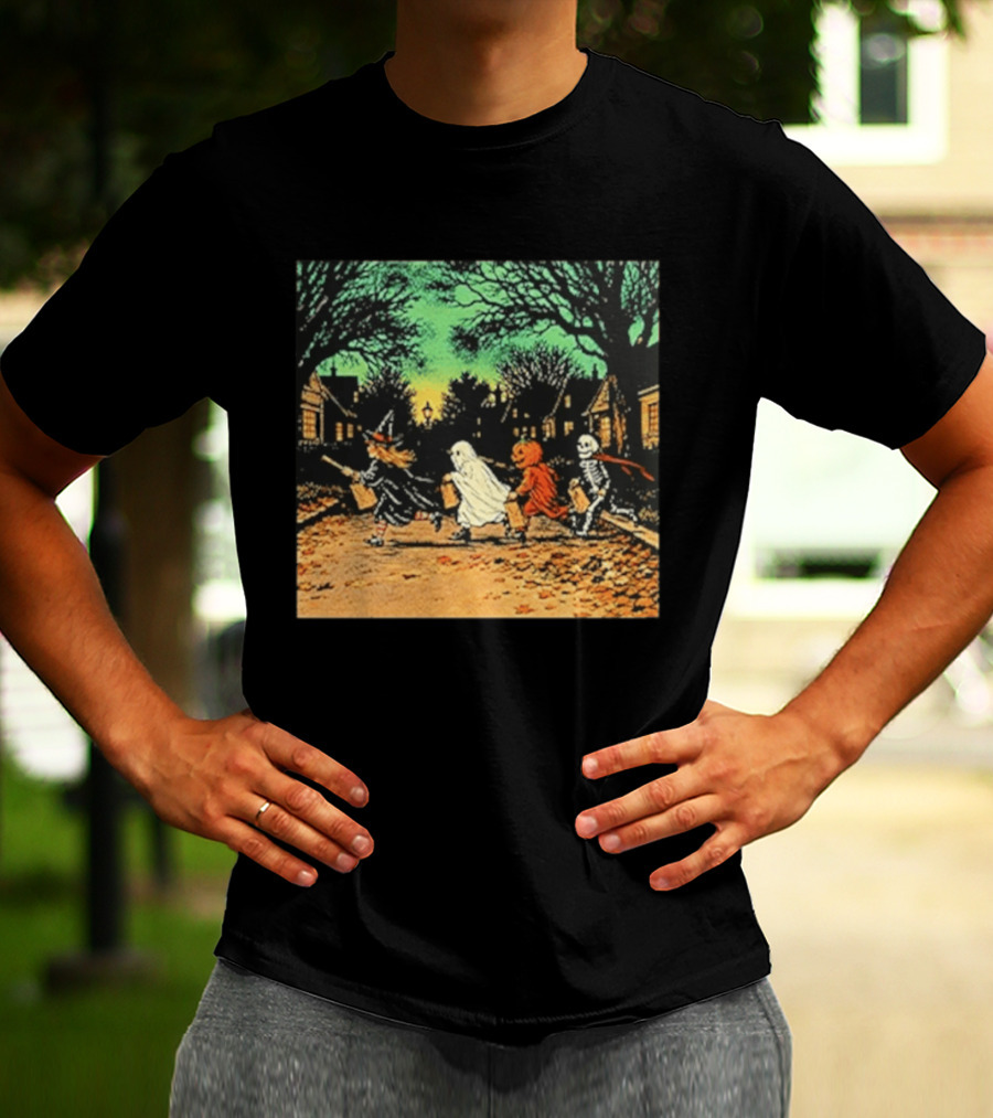 Trick Or Treat Witch Ghost Pumpkin Skeleton Halloween Scene T-Shirt