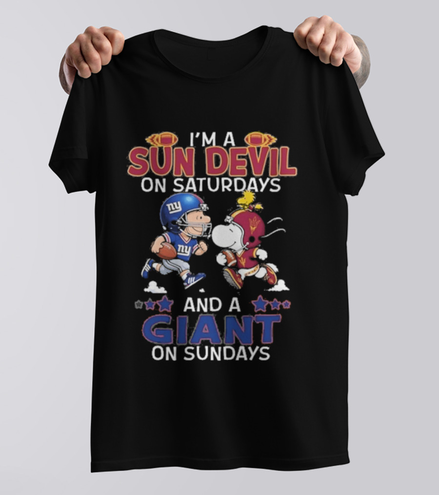 I'm A Sun Devil On Saturdays And A Giant On Sundays Charlie Brown And Snoopy Football T-Shirt