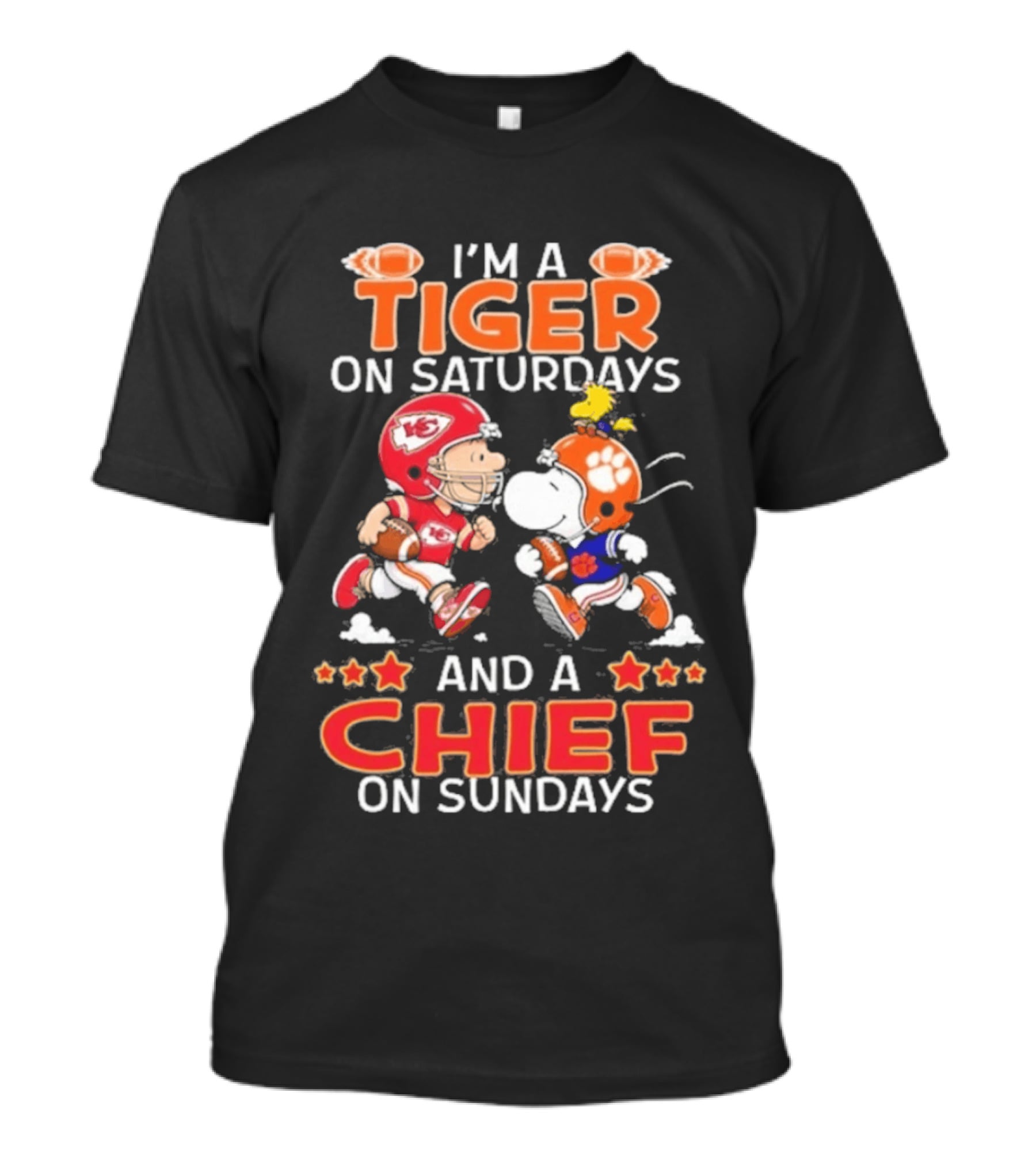 Charlie Brown Snoopy Tiger Saturdays Chief Sundays Football T-Shirt