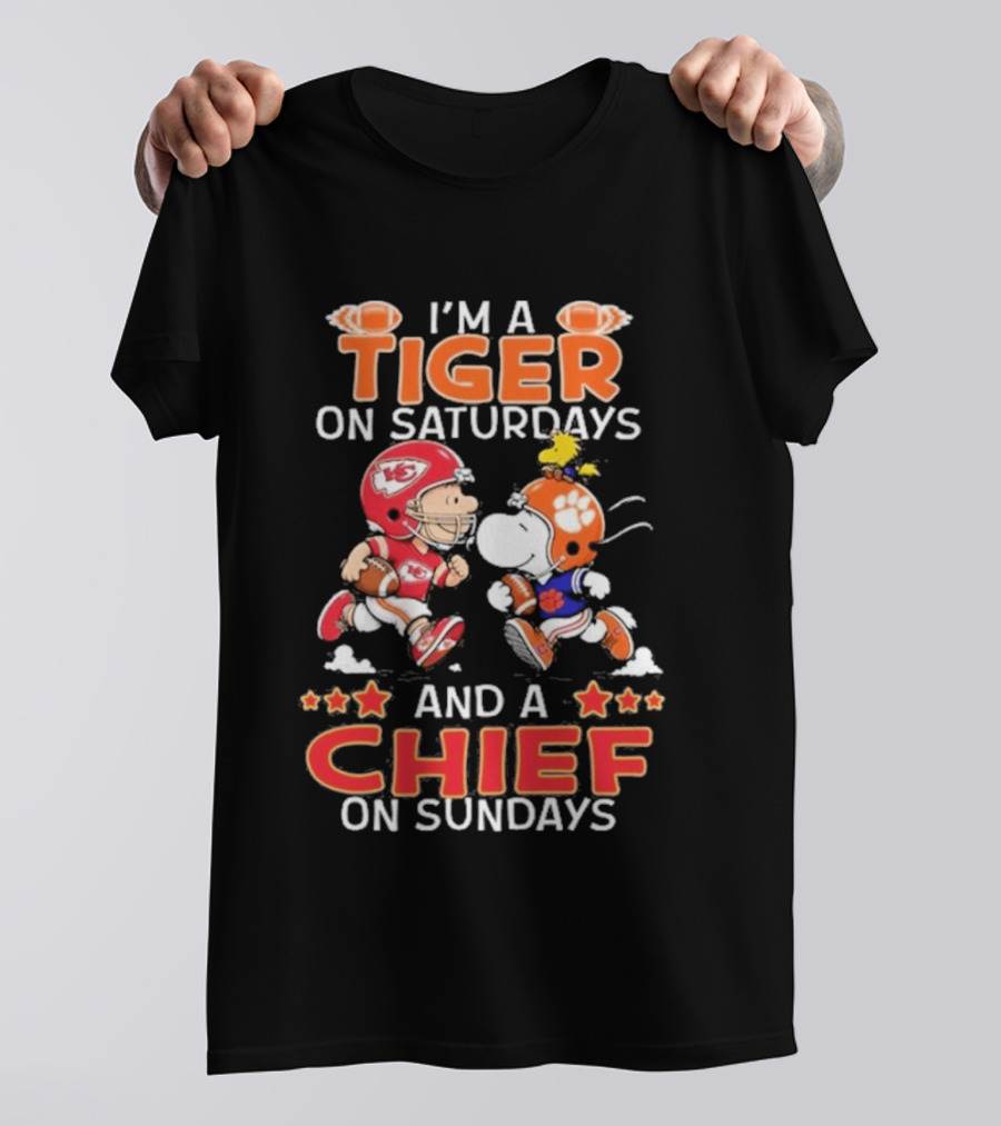 Charlie Brown Snoopy Tiger Saturdays Chief Sundays Football T-Shirt