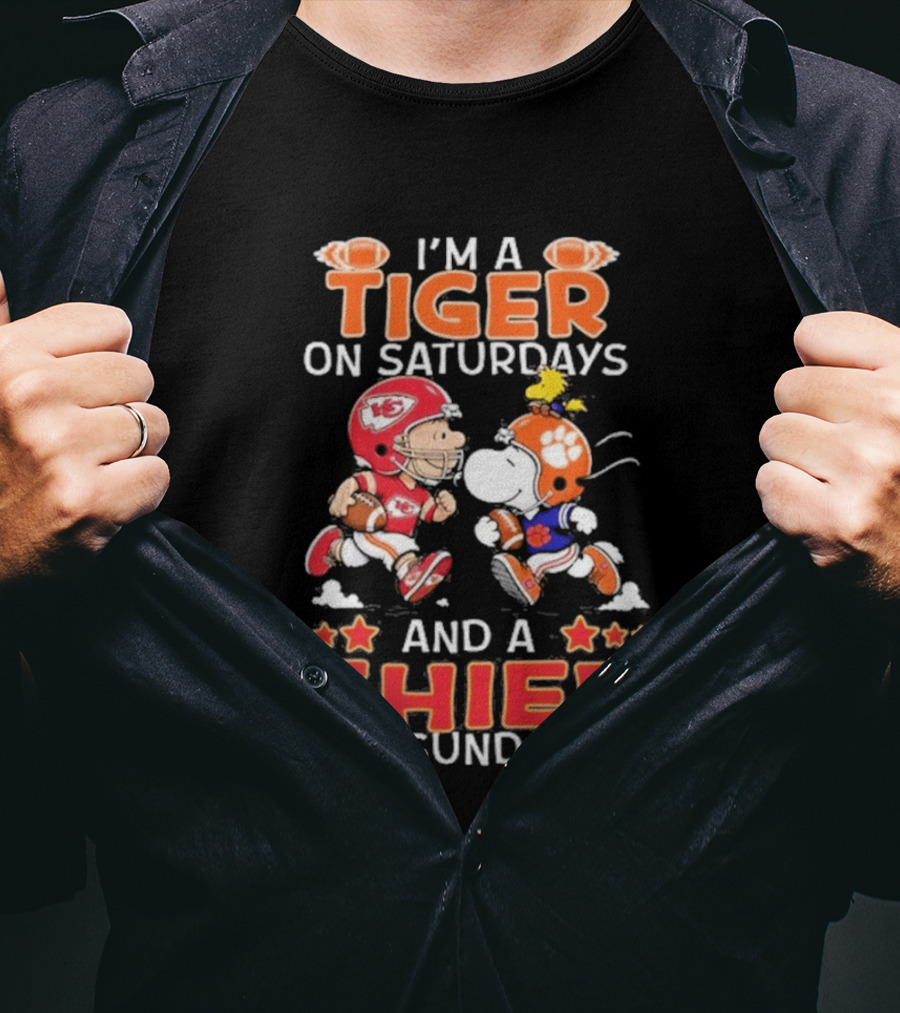 Charlie Brown Snoopy Tiger Saturdays Chief Sundays Football T-Shirt