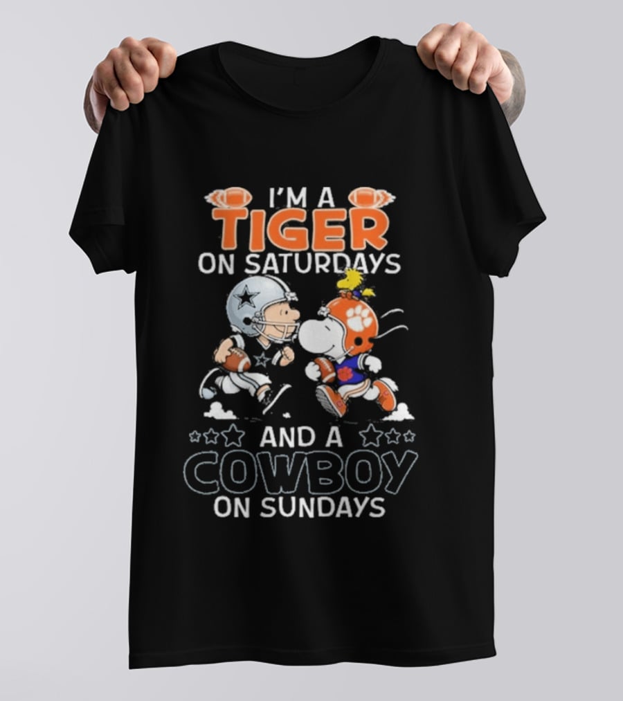 I'm A Tiger On Saturdays And A Cowboy On Sundays Charlie Brown And Snoopy Football T-Shirt