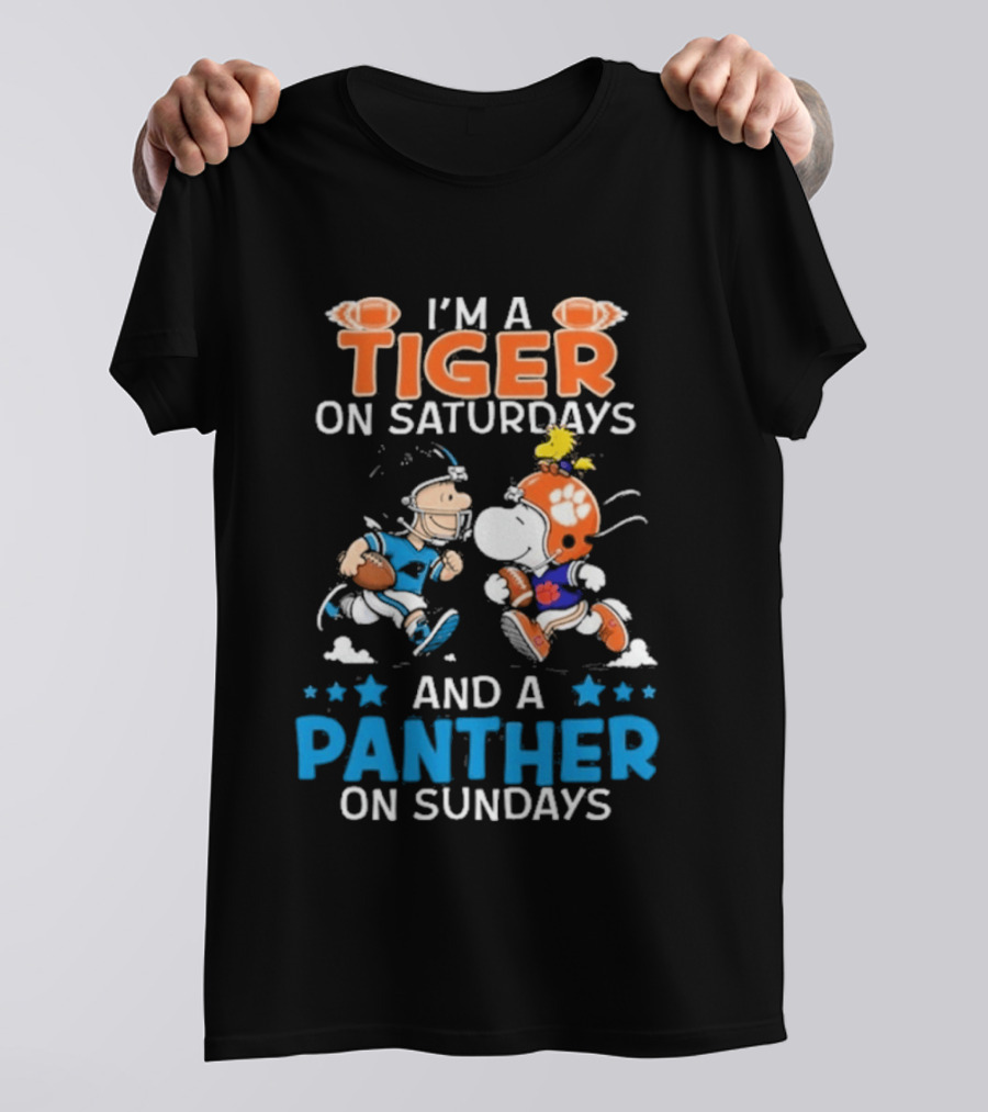 Charlie Brown Snoopy Tiger Saturdays Panther Sundays Football T-Shirt