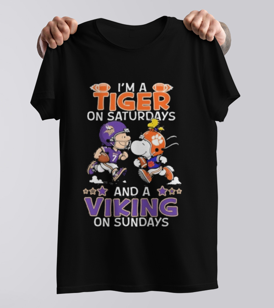 I'm A Tiger On Saturdays And A Viking On Sundays Charlie Brown And Snoopy Football Fan Days T-Shirt