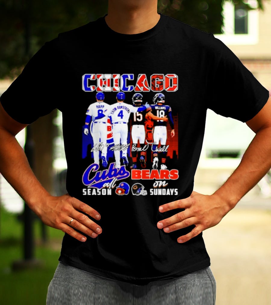 Chicago Cubs Happ And Bote Bears Fields And Moore Signature Skyline Sundays All Season T-Shirt