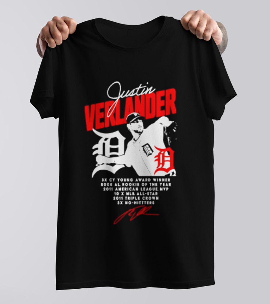 Detroit Tigers Justin Verlander No Hitter AL Rookie MVP Cy Young Winner MLB Career T-Shirt