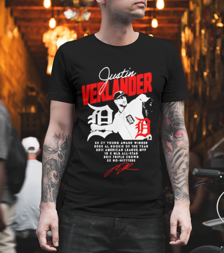 Detroit Tigers Justin Verlander No Hitter AL Rookie MVP Cy Young Winner MLB Career T-Shirt