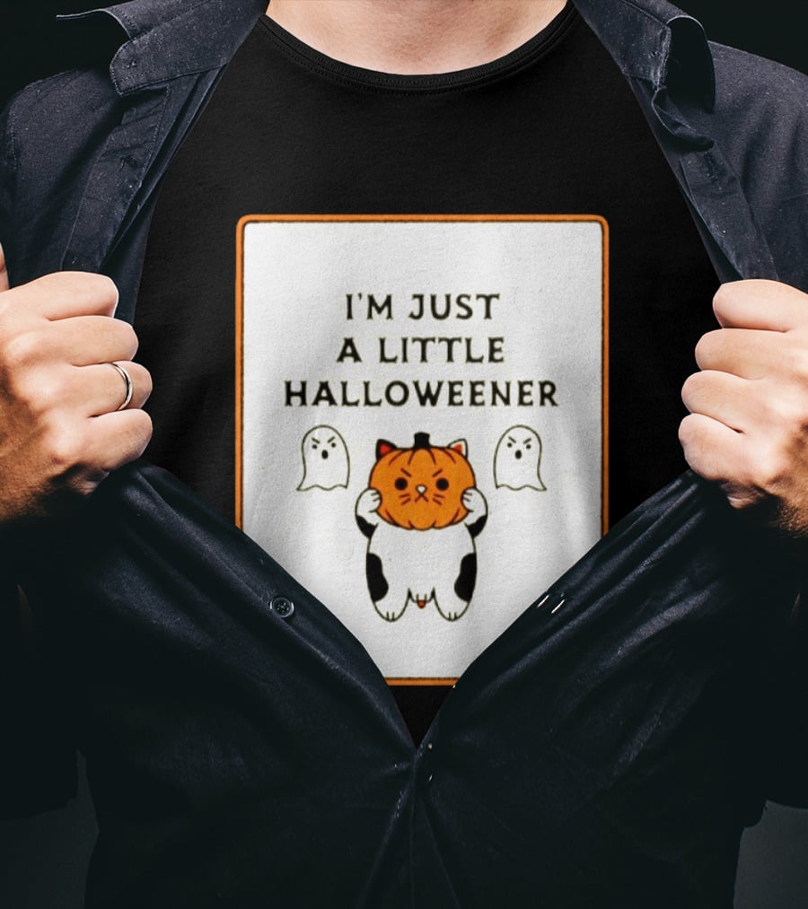 I'm Just A Little Halloweener Cat Holding Pumpkin Face With Ghosts T-Shirt