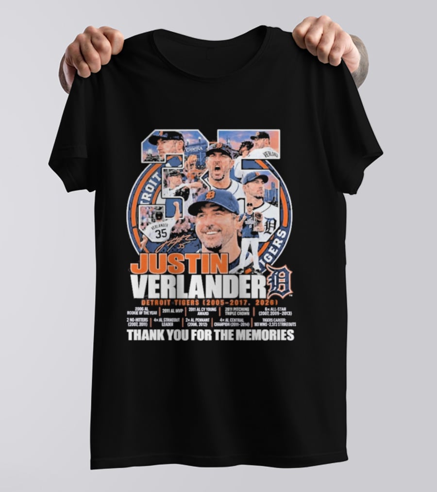 Justin Verlander Detroit Tigers 35 Thank You For The Memories 2005 2017 2026 T-Shirt