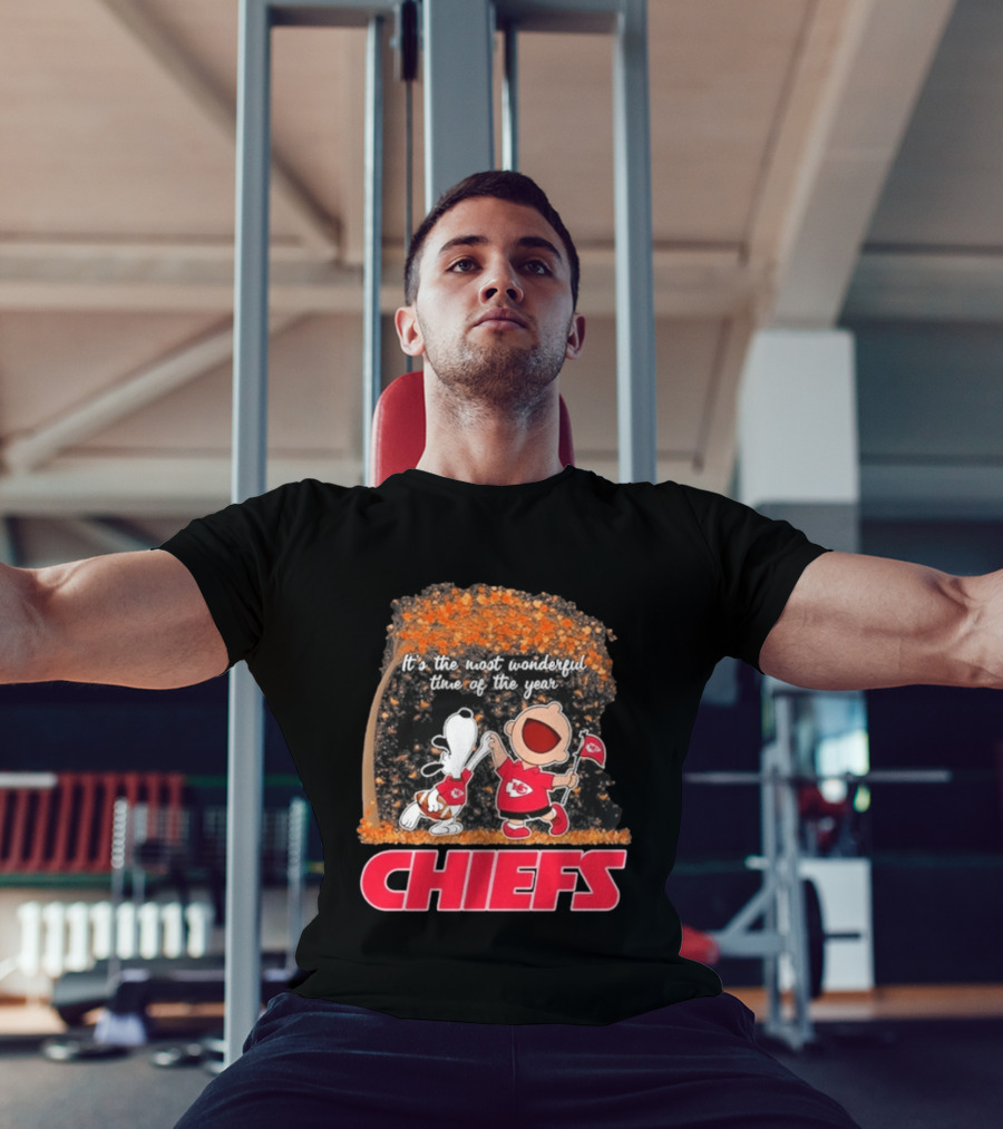 Kansas City Chiefs Snoopy Charlie Brown Dancing It's The Most Wonderful Time Of The Year T-Shirt